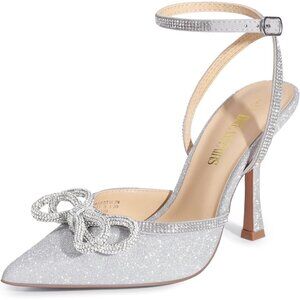 🆕 Women Silver Ankle Strap Sparkly Bow Shine Star Wrap-Around High-Heel Pumps